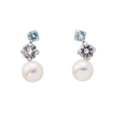 WISP 10K White Gold Post 18K White Topaz/Aquamarine/Freshwater Pearl Earrings