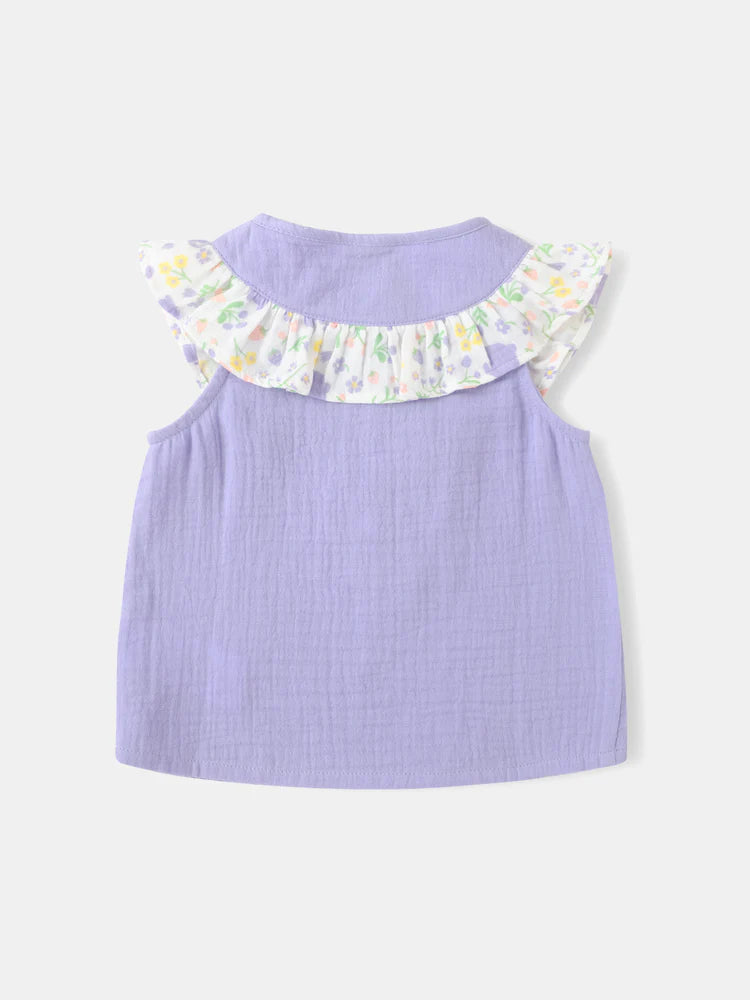 Baby Sleeveless All-over Bunny Print Ruffle Two-tone Top
