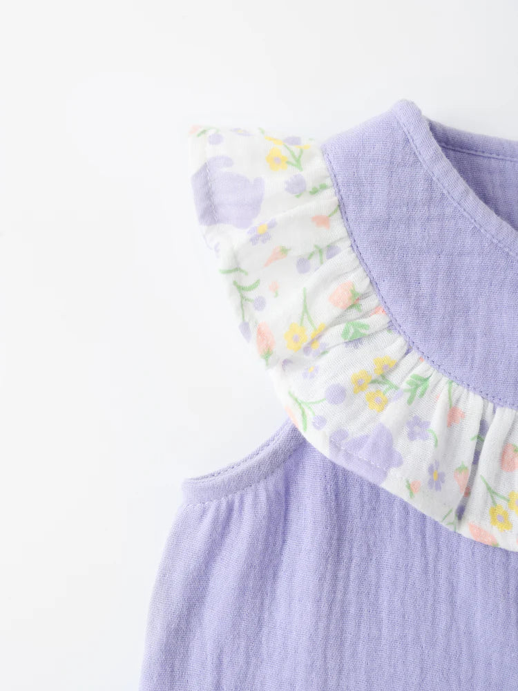 Baby Sleeveless All-over Bunny Print Ruffle Two-tone Top