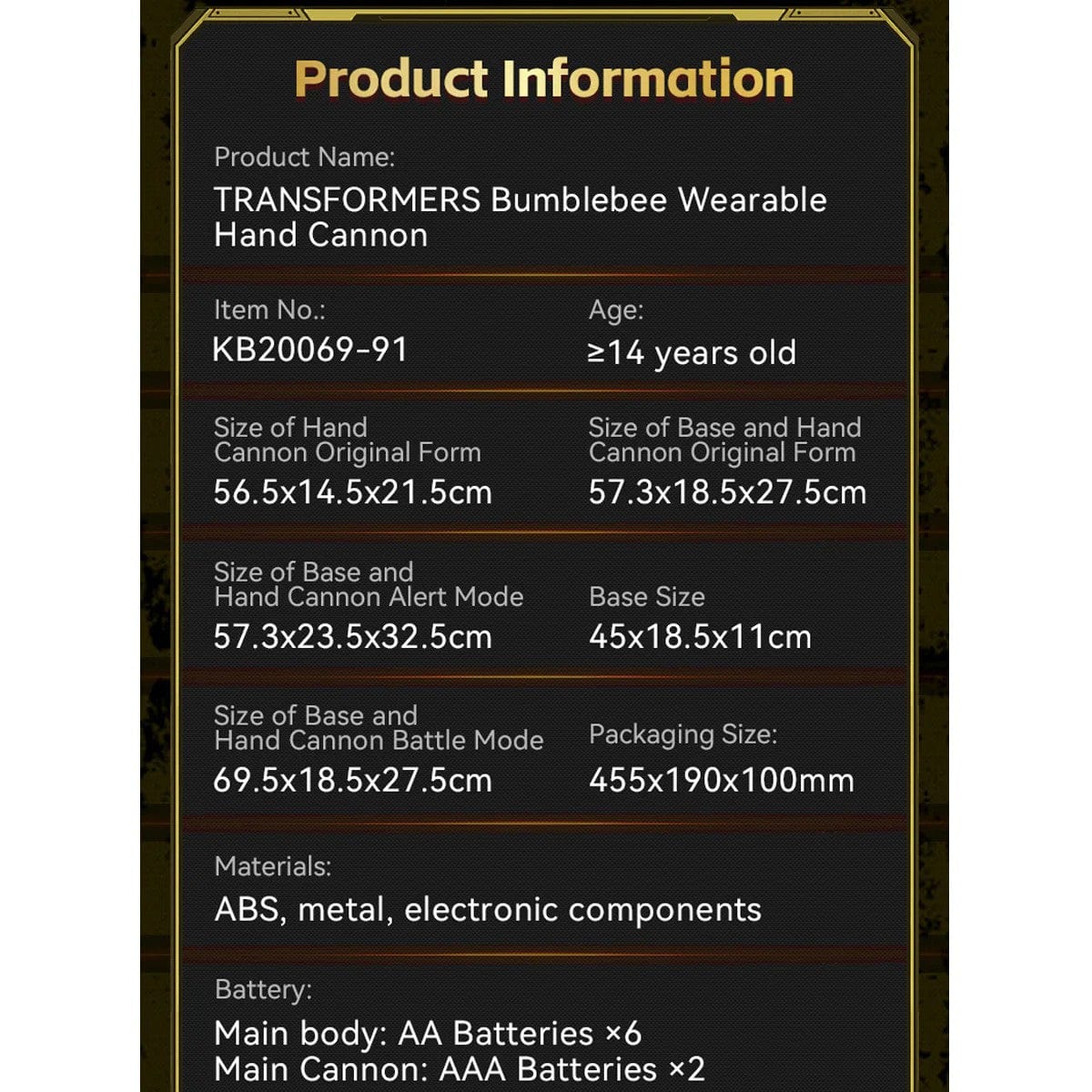 Killerbody TRANSFORMERS Bumblebee Wearable Blaster