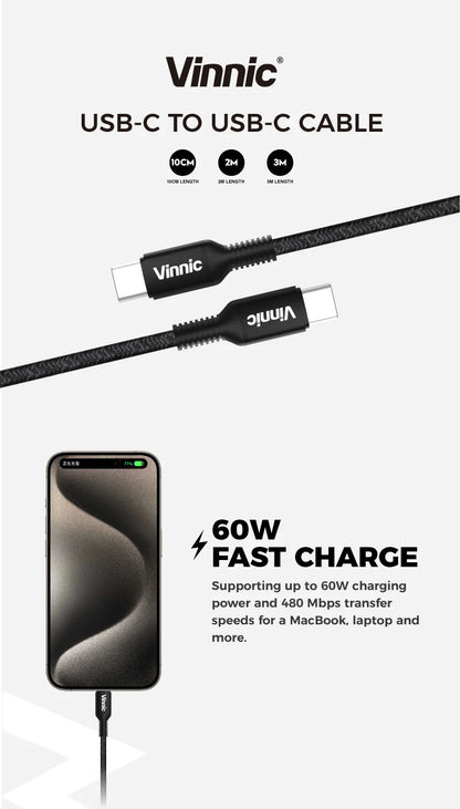 Vinnic 60W USB-C to USB-C 快速充電線 10厘米/2米/3米