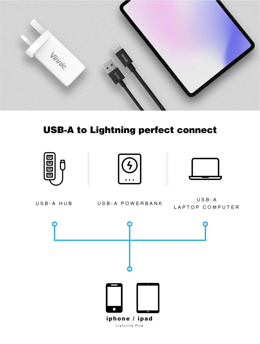 Vinnic MFi 蘋果官方認證 USB-A to MFi Lightning 傳輸充電線 - 銀色