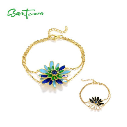 SANTUZZA 925 Sterling Silver Bracelet Green&Blue Flower Enamel Adjustable Chic Gifts Fine Jewelry