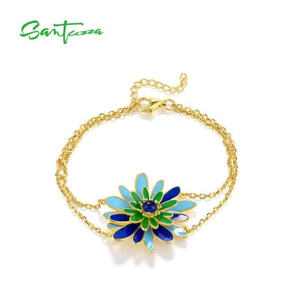 SANTUZZA 925 Sterling Silver Bracelet Green&Blue Flower Enamel Adjustable Chic Gifts Fine Jewelry