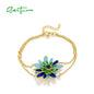 SANTUZZA 925 Sterling Silver Bracelet Green&Blue Flower Enamel Adjustable Chic Gifts Fine Jewelry