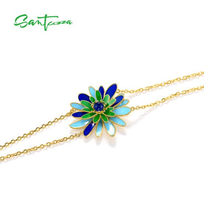 SANTUZZA 925 Sterling Silver Bracelet Green&Blue Flower Enamel Adjustable Chic Gifts Fine Jewelry