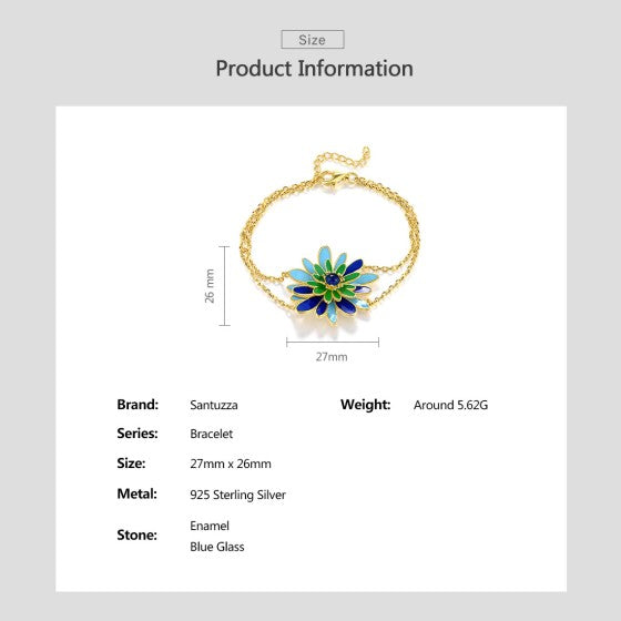 SANTUZZA 925 Sterling Silver Bracelet Green&Blue Flower Enamel Adjustable Chic Gifts Fine Jewelry