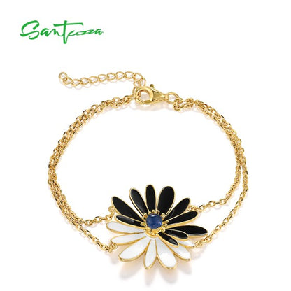 SANTUZZA 925 Sterling Silver Bracelet Green&Blue Flower Enamel Adjustable Chic Gifts Fine Jewelry