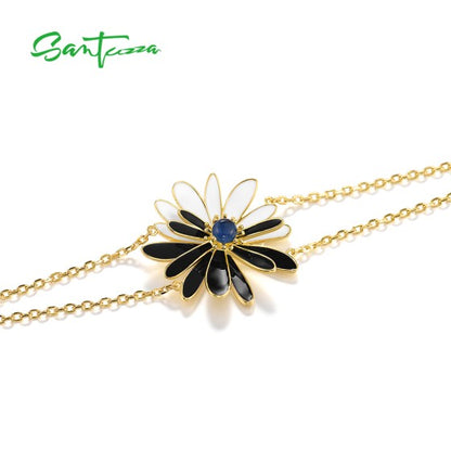 SANTUZZA 925 Sterling Silver Bracelet Green&Blue Flower Enamel Adjustable Chic Gifts Fine Jewelry