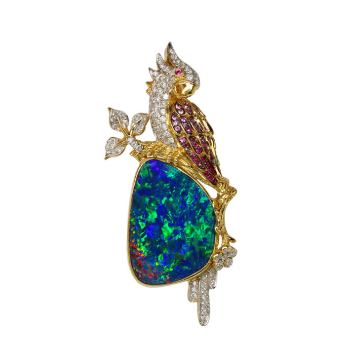 18K Australian Doublet Opal Parrot Pendant with Diamonds