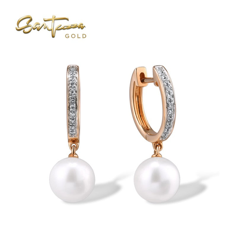 SANTUZZA 14K 585 Rose Gold Earrings Diamond Fresh Water Pearl Fine Jewelry