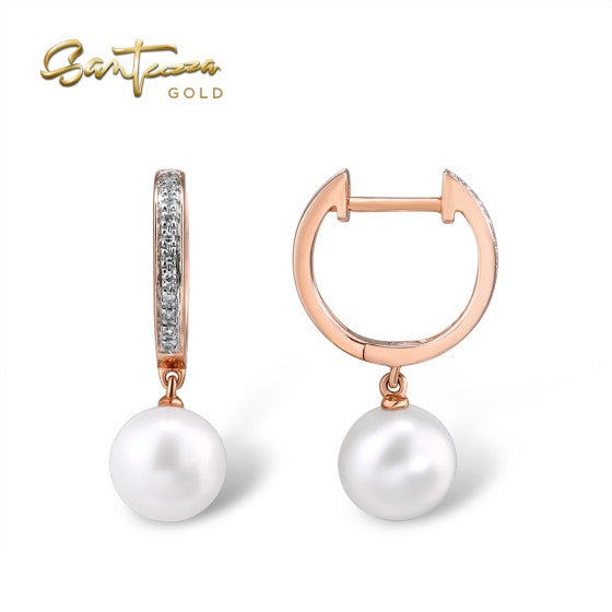 SANTUZZA 14K 585 Rose Gold Earrings Diamond Fresh Water Pearl Fine Jewelry