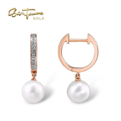 SANTUZZA 14K 585 Rose Gold Earrings Diamond Fresh Water Pearl Fine Jewelry