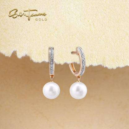 SANTUZZA 14K 585 Rose Gold Earrings Diamond Fresh Water Pearl Fine Jewelry
