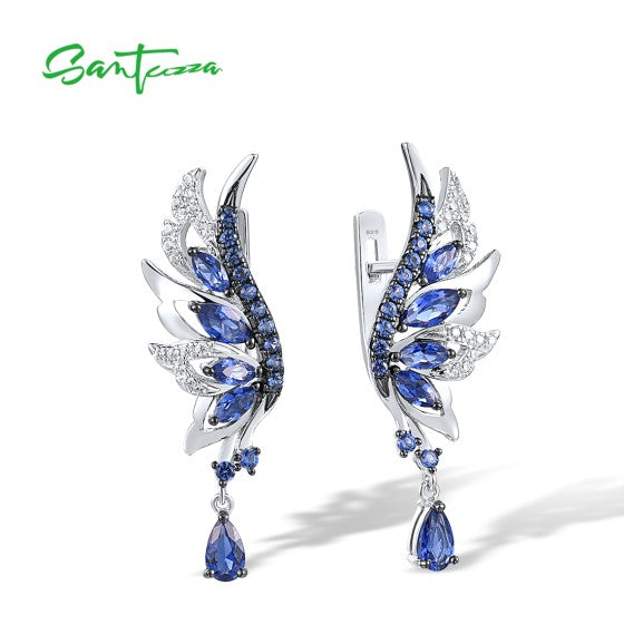 SANTUZZA 925 Sterling Silver Earrings Sparkling Blue White CZ Angel Wings Jewelry