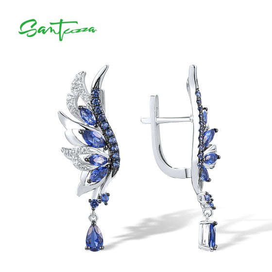 SANTUZZA 925 Sterling Silver Earrings Sparkling Blue White CZ Angel Wings Jewelry