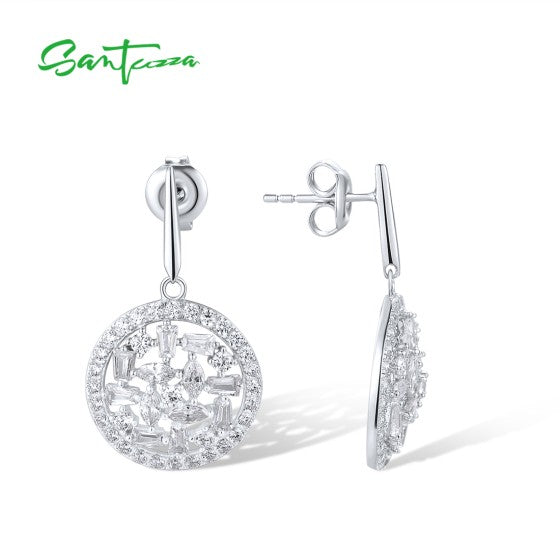 SANTUZZA 925 Sterling Silver Drop Earrings White CZ Dangling Jewelry