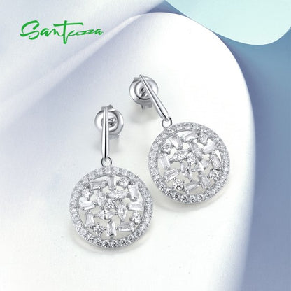 SANTUZZA 925 Sterling Silver Drop Earrings White CZ Dangling Jewelry