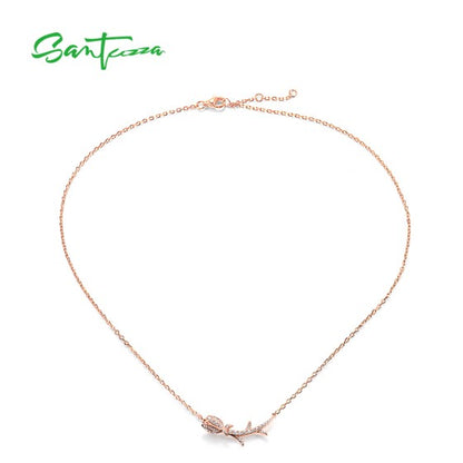 SANTUZZA 925 Sterling Silver Necklace White CZ Pink Tulip Flower Fine Jewelry