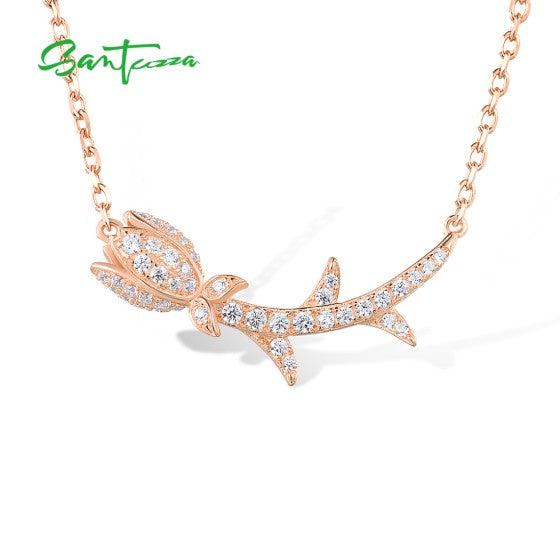 SANTUZZA 925 Sterling Silver Necklace White CZ Pink Tulip Flower Fine Jewelry