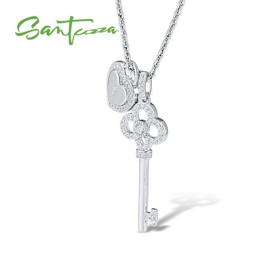 SANTUZZA 925 Sterling Silver Pendant Key Heart Lock White Cubic Zirconia Fine Jewelry