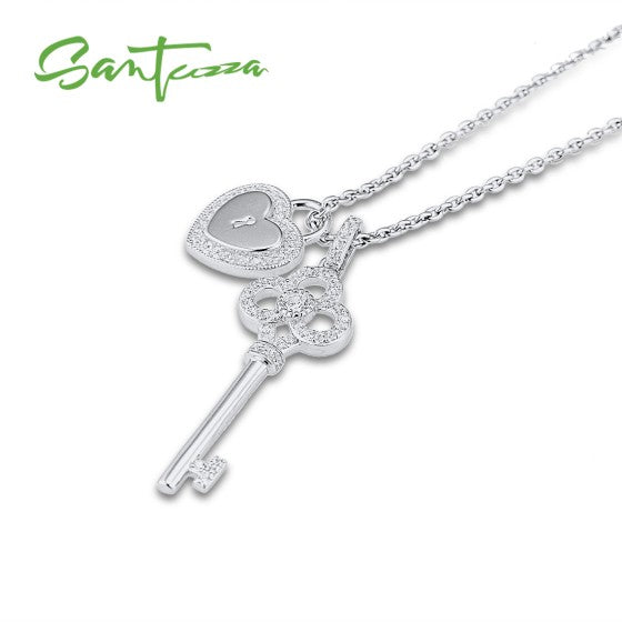 SANTUZZA 925 Sterling Silver Pendant Key Heart Lock White Cubic Zirconia Fine Jewelry