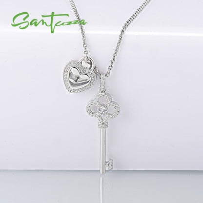 SANTUZZA 925 Sterling Silver Pendant Key Heart Lock White Cubic Zirconia Fine Jewelry