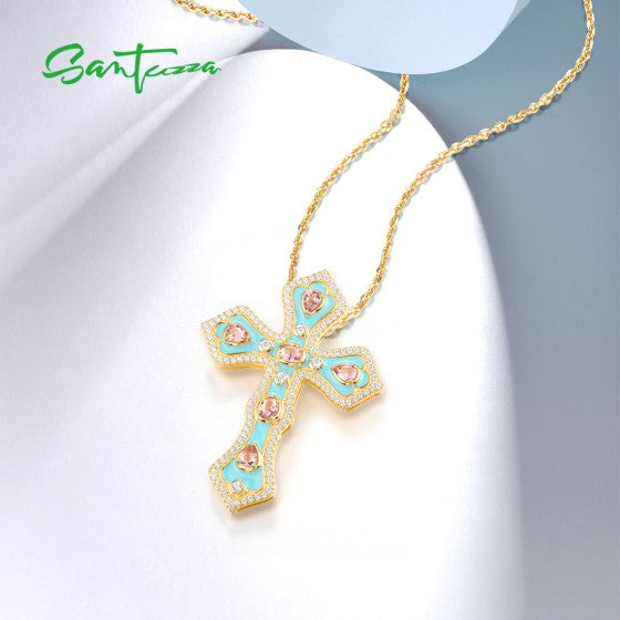 SANTUZZA 925 Sterling Silver Pendant Sparkling Trendy Vintage Cross Jewelry