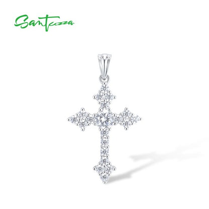 SANTUZZA 925 Sterling Silver Pendant White Cubic Zirconia Cross Pendant Jewelry