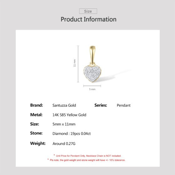 SANTUZZA 14K 585 Yellow Gold Pendant Sparkling Diamond Heart Simple Elegant Fine Jewelry