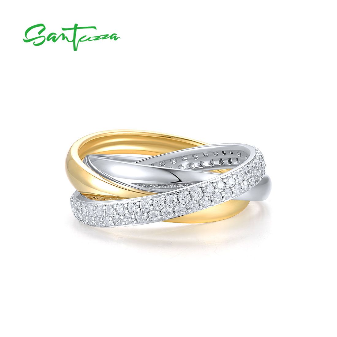 SANTUZZA 925 Sterling Silver Twisted Two Color Rings White Cubic Zirconia Jewelry