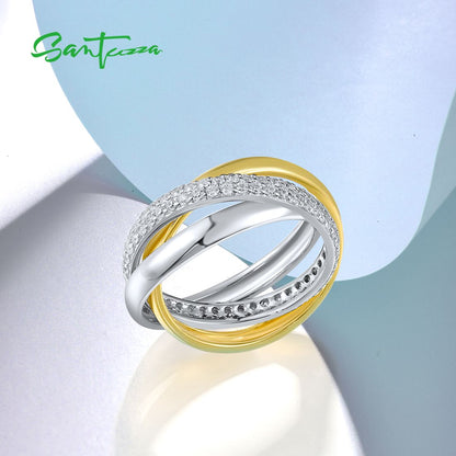 SANTUZZA 925 Sterling Silver Twisted Two Color Rings White Cubic Zirconia Jewelry