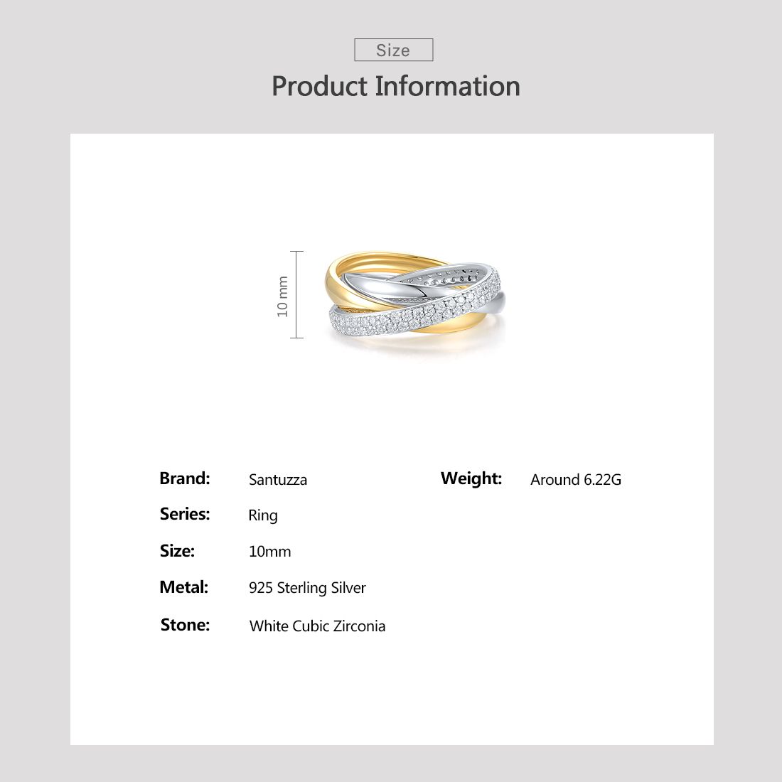 SANTUZZA 925 Sterling Silver Twisted Two Color Rings White Cubic Zirconia Jewelry