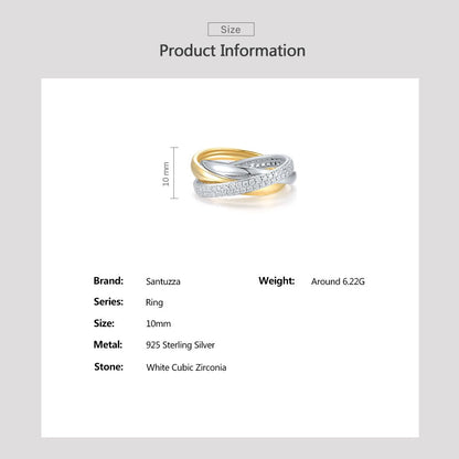 SANTUZZA 925 Sterling Silver Twisted Two Color Rings White Cubic Zirconia Jewelry